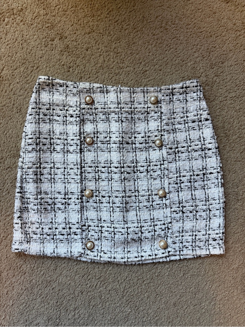 SHEIN White and Black Tweed Pearl Button Mini Skirt